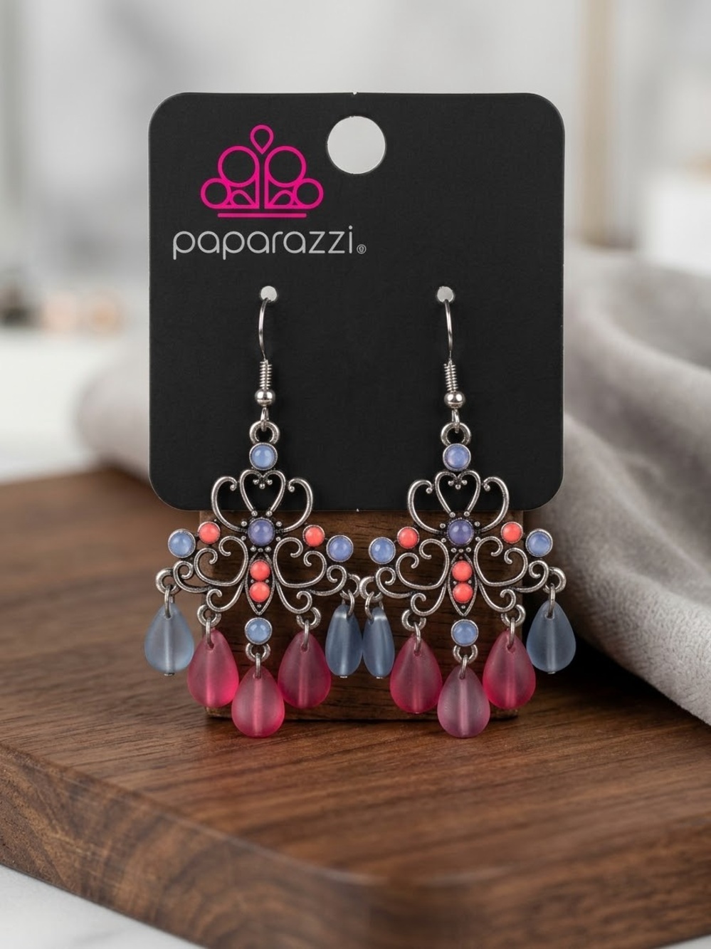 paparazzi Pink and Blue Filigree Teardrop Chandelier Earrings